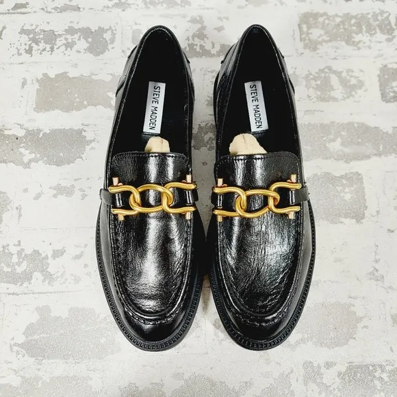 NEW Steve Madden Karmine Black Leather Slip On Old Money Loafers H596