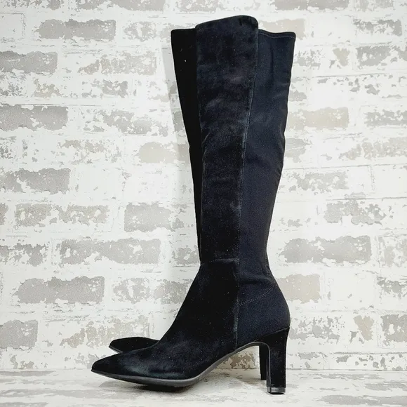New Stuart Weitzman Suede Black Pointed Toe Block Heel Knee High Boots X412