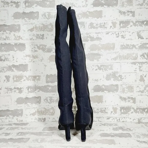 New Stuart Weitzman Suede Black Pointed Toe Block Heel Knee High Boots X412