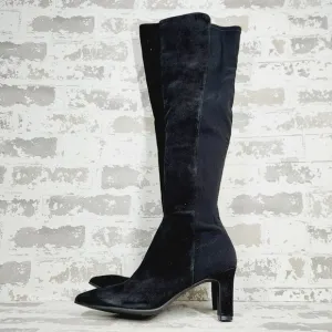 New Stuart Weitzman Suede Black Pointed Toe Block Heel Knee High Boots X412