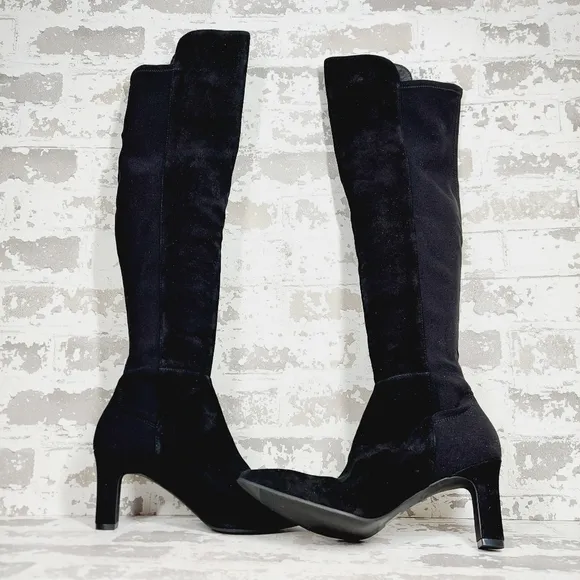 New Stuart Weitzman Suede Black Pointed Toe Block Heel Knee High Boots X412