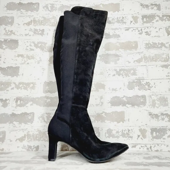 New Stuart Weitzman Suede Black Pointed Toe Block Heel Knee High Boots X412