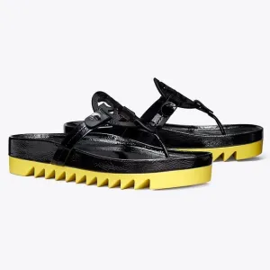 New Tory Burch Miller Cloud Lug Sandal, Black Patent Leather Yellow Sandals, 7.5