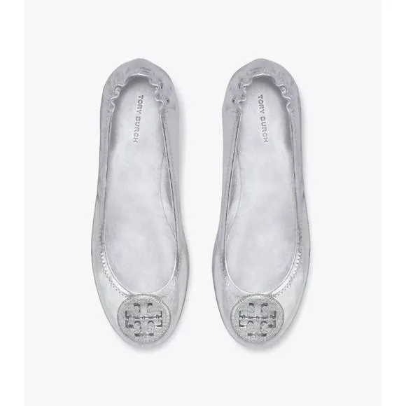 NEW TORY BURCH women minnie travel ballet flat in silver