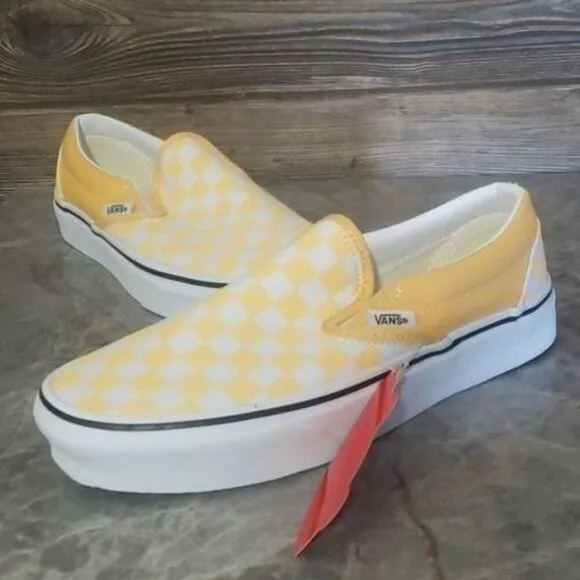 New Vans Classic Slip Checkerboard Pastel Yellow White Sneakers Laceless Casual