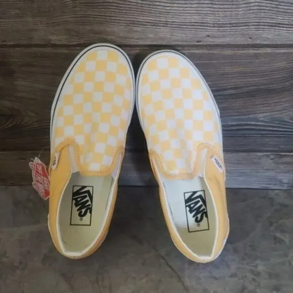 New Vans Classic Slip Checkerboard Pastel Yellow White Sneakers Laceless Casual