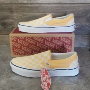 New Vans Classic Slip Checkerboard Pastel Yellow White Sneakers Laceless Casual