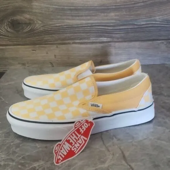 New Vans Classic Slip Checkerboard Pastel Yellow White Sneakers Laceless Casual