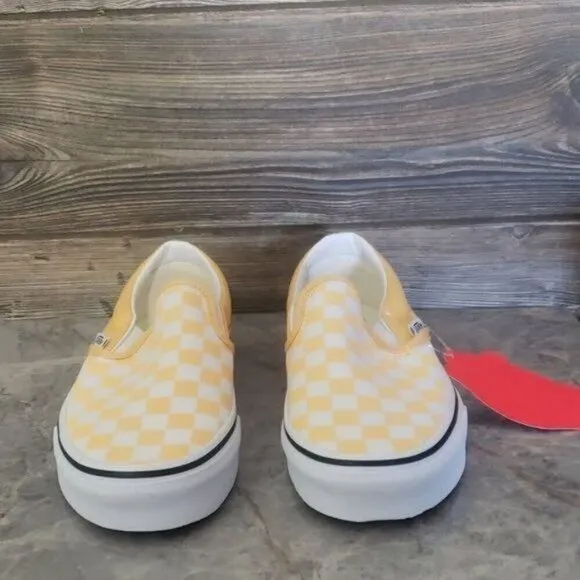 New Vans Classic Slip Checkerboard Pastel Yellow White Sneakers Laceless Casual