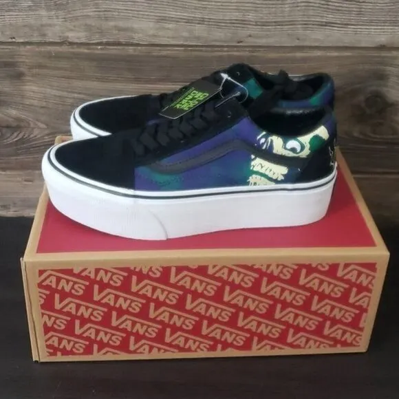 New Vans Old Skool Stacked Glow in the Dark Platform Sneakers Black Blue Green