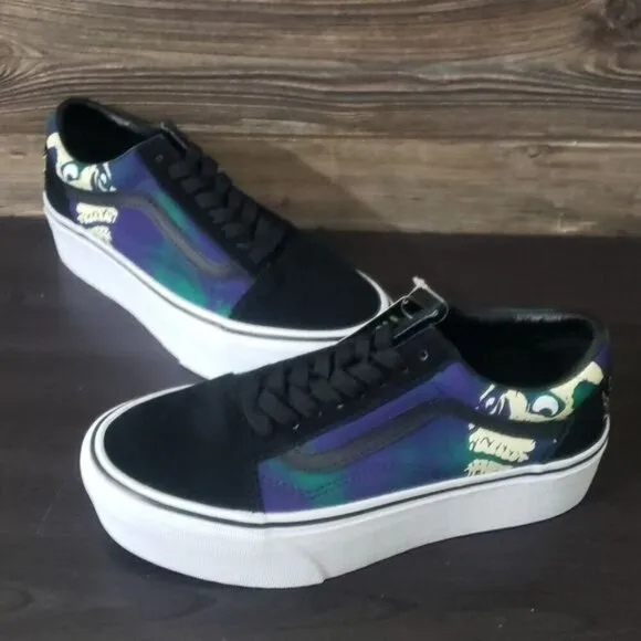 New Vans Old Skool Stacked Glow in the Dark Platform Sneakers Black Blue Green