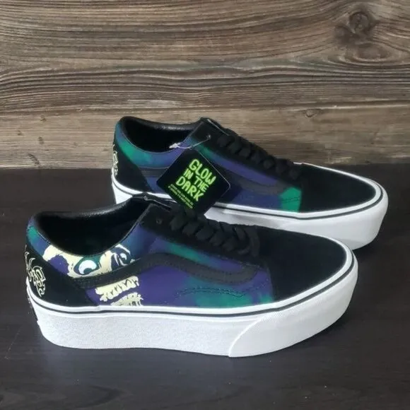 New Vans Old Skool Stacked Glow in the Dark Platform Sneakers Black Blue Green