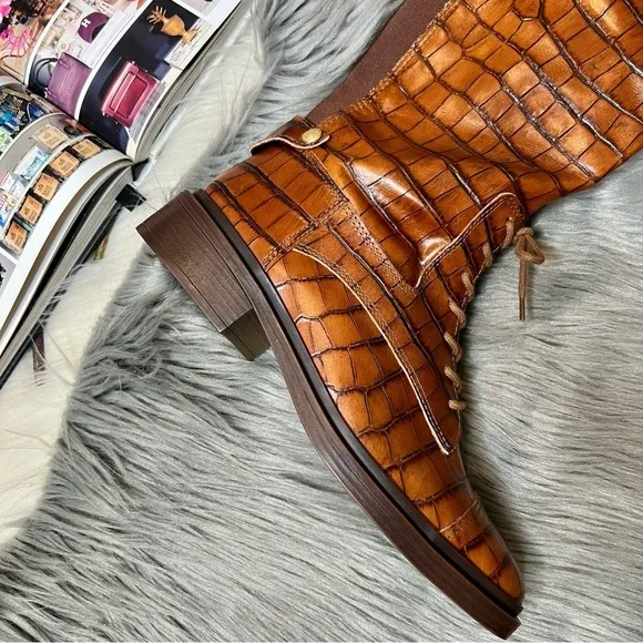 NEW Vince Camuto Sirdola Brown Knee High Croc Embossed Stretch Shaft Boot Sz 10