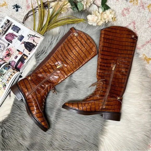 NEW Vince Camuto Sirdola Brown Knee High Croc Embossed Stretch Shaft Boot Sz 10