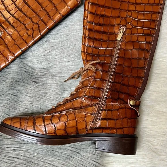 NEW Vince Camuto Sirdola Brown Knee High Croc Embossed Stretch Shaft Boot Sz 10