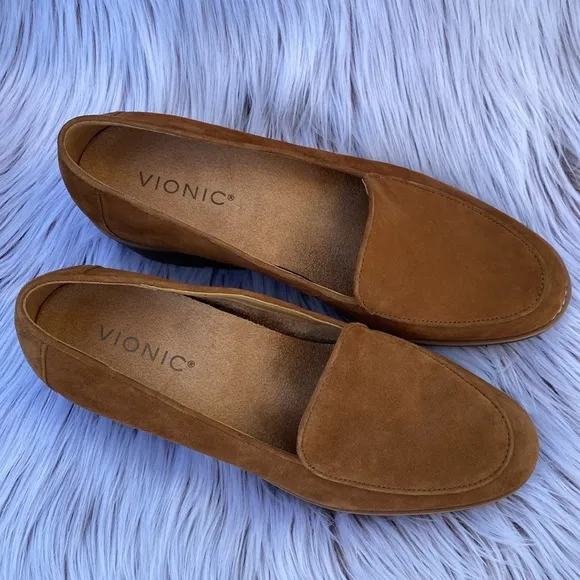 NEW Vionic Ava Suede Wedge Loafers Heel Shoe Brown Womens 8.5