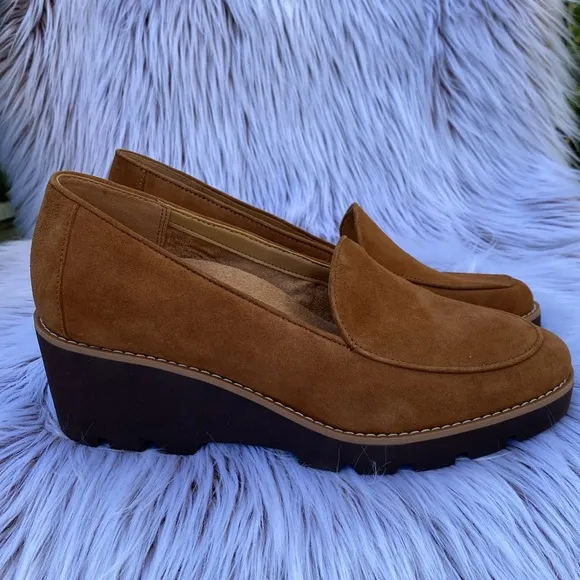 NEW Vionic Ava Suede Wedge Loafers Heel Shoe Brown Womens 8.5