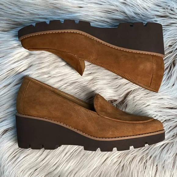 NEW Vionic Ava Suede Wedge Loafers Heel Shoe Brown Womens 8.5
