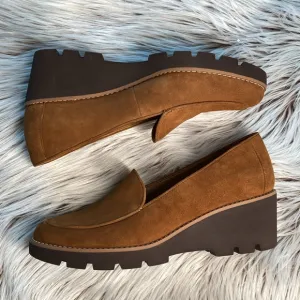 NEW Vionic Ava Suede Wedge Loafers Heel Shoe Brown Womens 8.5