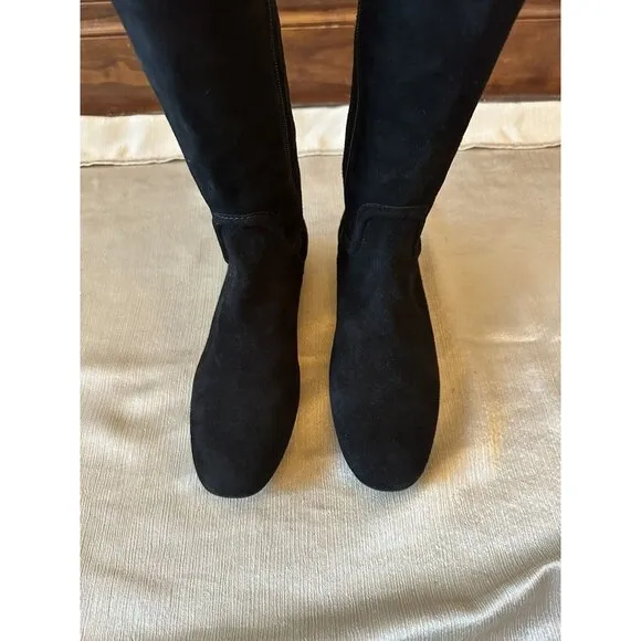 NEW w/o Box TORY BURCH Selma Black Suede Logo Riding Boot Sz 6.5 Knee High‎