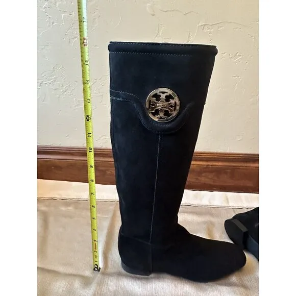 NEW w/o Box TORY BURCH Selma Black Suede Logo Riding Boot Sz 6.5 Knee High‎