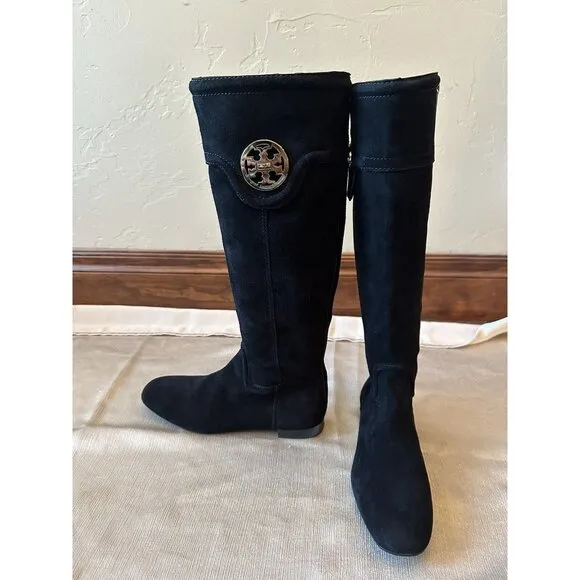 NEW w/o Box TORY BURCH Selma Black Suede Logo Riding Boot Sz 6.5 Knee High‎