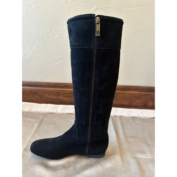 NEW w/o Box TORY BURCH Selma Black Suede Logo Riding Boot Sz 6.5 Knee High‎