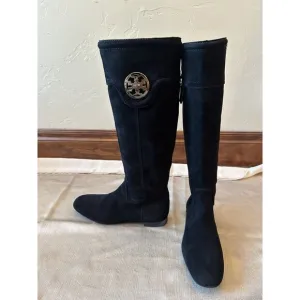 NEW w/o Box TORY BURCH Selma Black Suede Logo Riding Boot Sz 6.5 Knee High‎