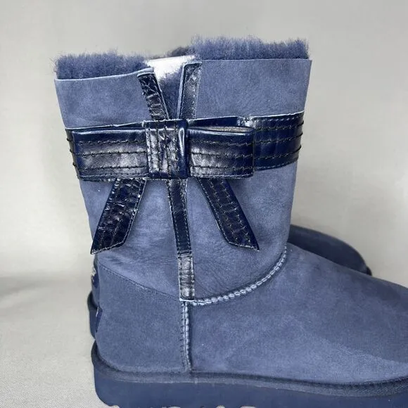 NEW Womens 11 UGG Boots Bailey Bow Josette Midnight Blue Leather Bow Suede Rare