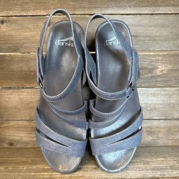 New Womens Dansko Addyson Gray Leather Wedge‎ Strappy Sandals Size 40 US 9.5-10