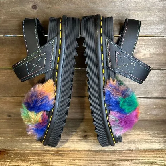 New Womens Dr. Martens Voss II  Black Fluffy Rainbow Strappy Sandals Size 6‎ M