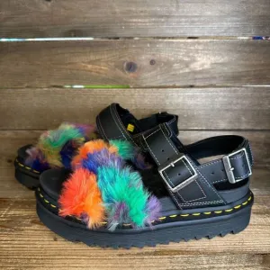 New Womens Dr. Martens Voss II  Black Fluffy Rainbow Strappy Sandals Size 6‎ M