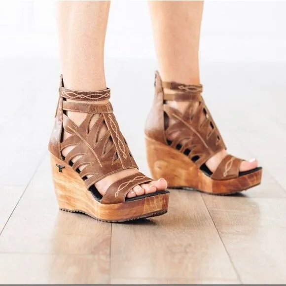 NEW Lane Boots BECCA Womens Brown Wedges Size 11 Western Sandals Cowgirl Leather