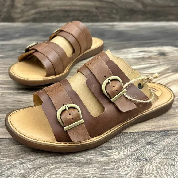 NIB Born Henna 7M Comfort Brown Leather Slide Sandals