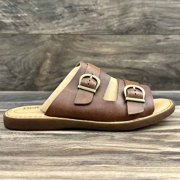 NIB Born Henna 7M Comfort Brown Leather Slide Sandals