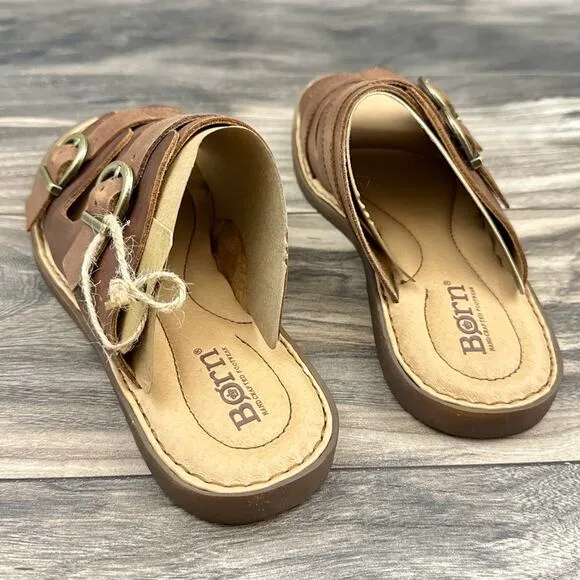 NIB Born Henna 7M Comfort Brown Leather Slide Sandals
