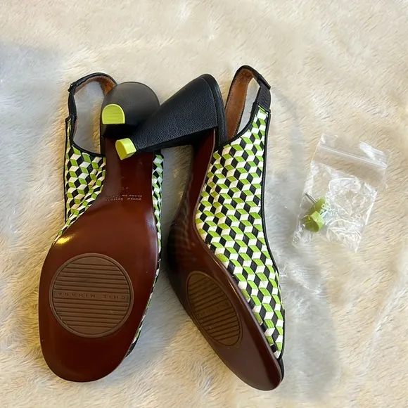 nib CHIE MIHARA Copa Geometric Slingback Sandal Heels in Green &amp; White – Size 11