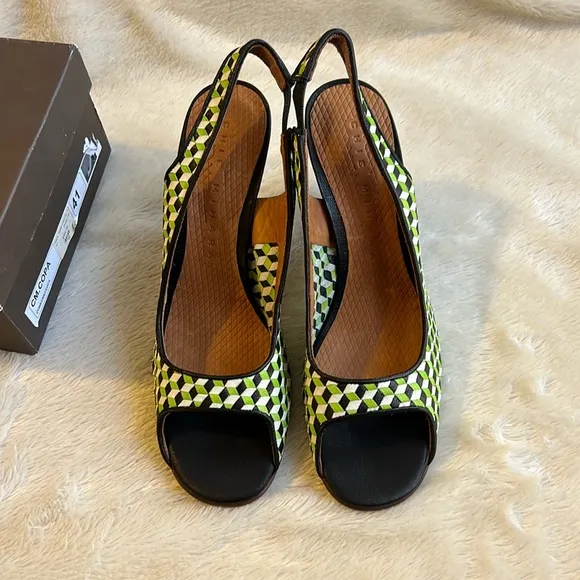 nib CHIE MIHARA Copa Geometric Slingback Sandal Heels in Green &amp; White – Size 11