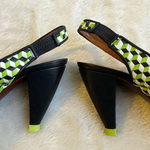 nib CHIE MIHARA Copa Geometric Slingback Sandal Heels in Green &amp; White – Size 11