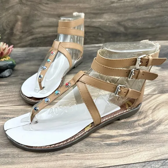 NIB Sam Edelman 8.5M Camel Genevive Leather Studded Strappy Gladiator Sandals
