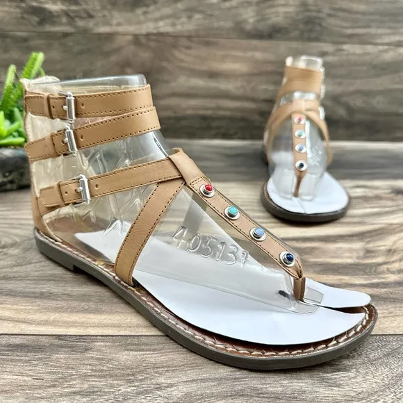 NIB Sam Edelman 8.5M Camel Genevive Leather Studded Strappy Gladiator Sandals