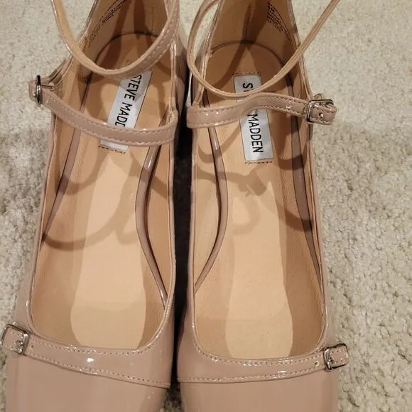 NIB Steve Madden Women SABRINA Patent Strappy Mary Jane Heels Sandals Tan Size 8