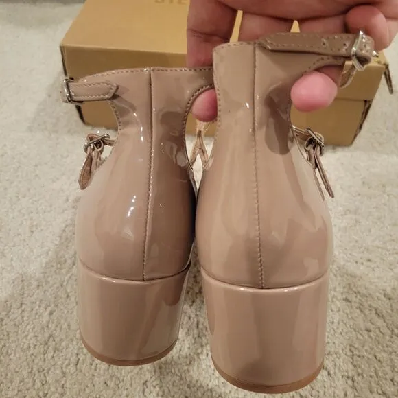 NIB Steve Madden Women SABRINA Patent Strappy Mary Jane Heels Sandals Tan Size 8