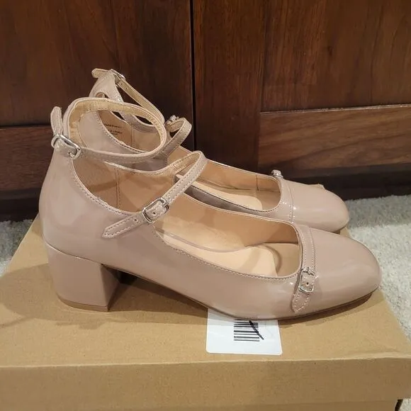 NIB Steve Madden Women SABRINA Patent Strappy Mary Jane Heels Sandals Tan Size 8