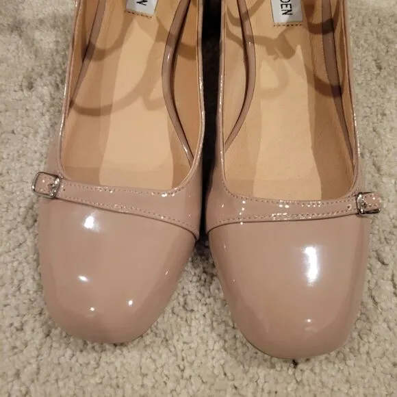 NIB Steve Madden Women SABRINA Patent Strappy Mary Jane Heels Sandals Tan Size 8
