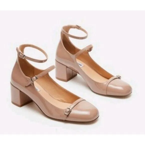 NIB Steve Madden Women SABRINA Patent Strappy Mary Jane Heels Sandals Tan Size 8