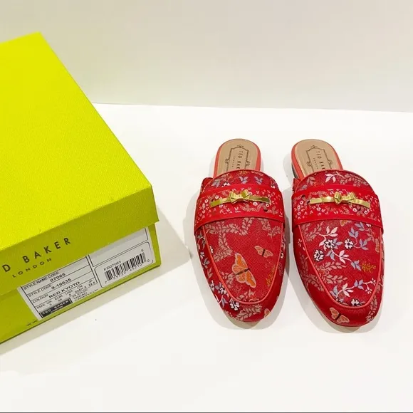 NIB Ted Baker Red Dorlinj Kyoto Printed Loafers Mules Slip On