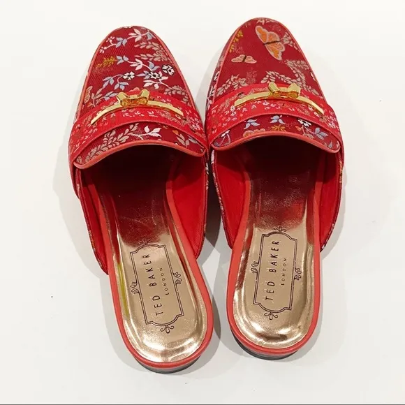 NIB Ted Baker Red Dorlinj Kyoto Printed Loafers Mules Slip On