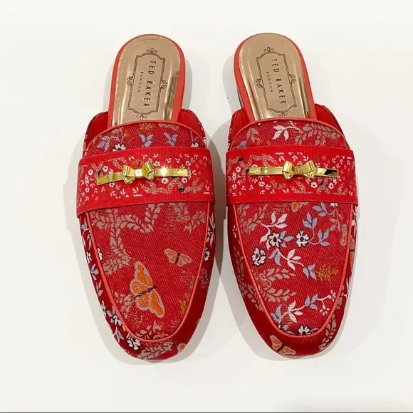 NIB Ted Baker Red Dorlinj Kyoto Printed Loafers Mules Slip On