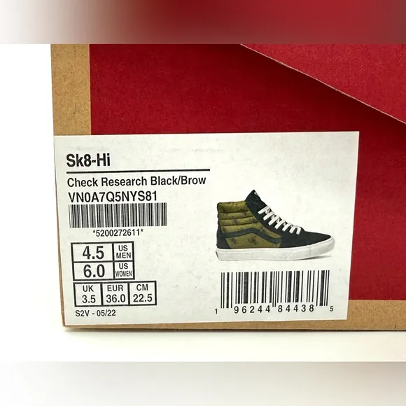 NIB Vans Sk8-Hi Check Research Suede Skate Sneakers In Brown &amp; Black M 4.5, W 6